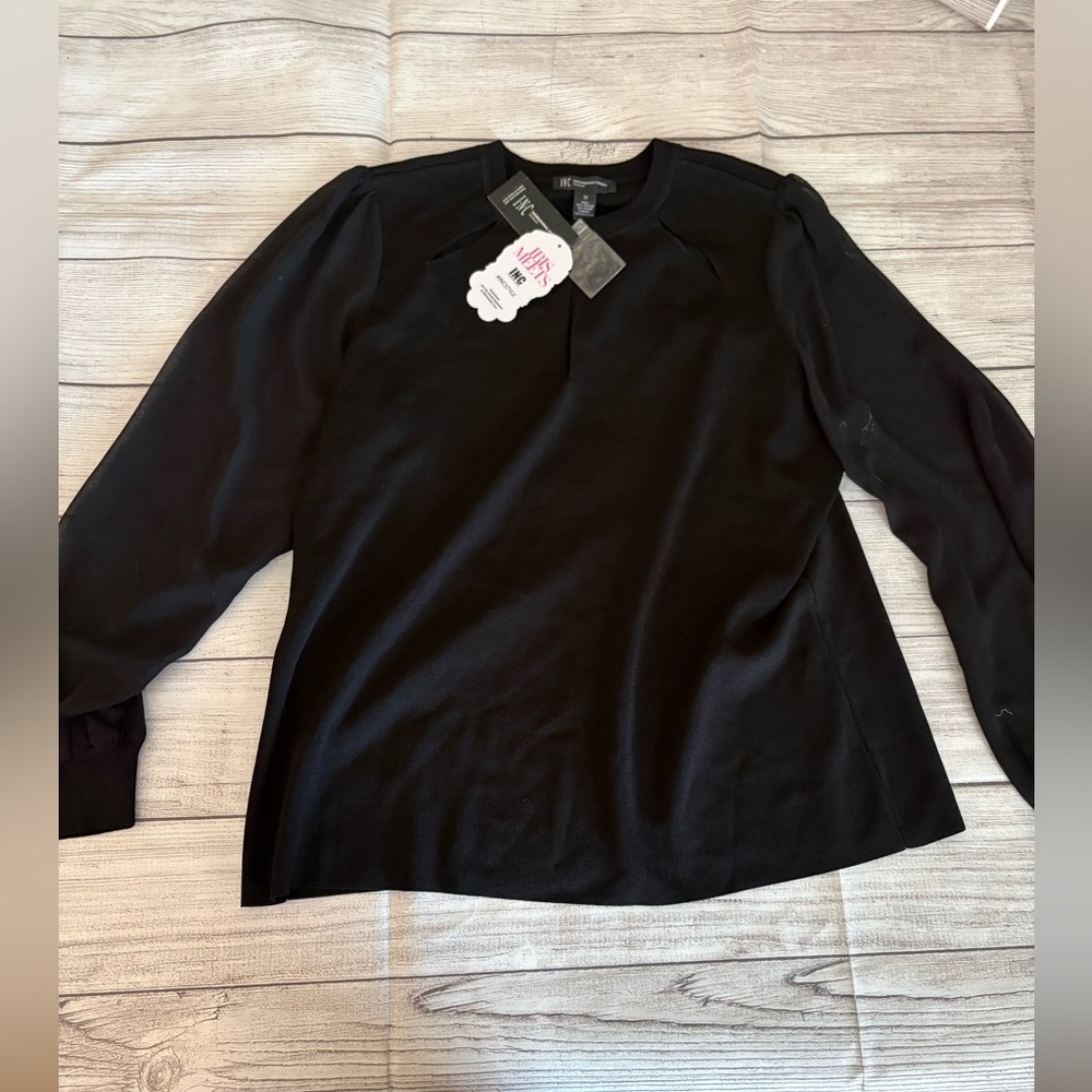 INC International Concepts Black Long-Sleeve Puff Shoulder Top
